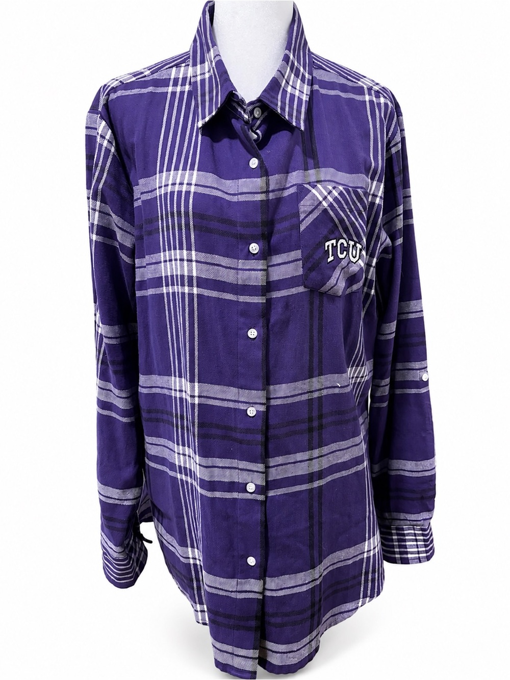 UG Apparel TCU Horned Frogs Purple Plaid Flannel Shirt Women’